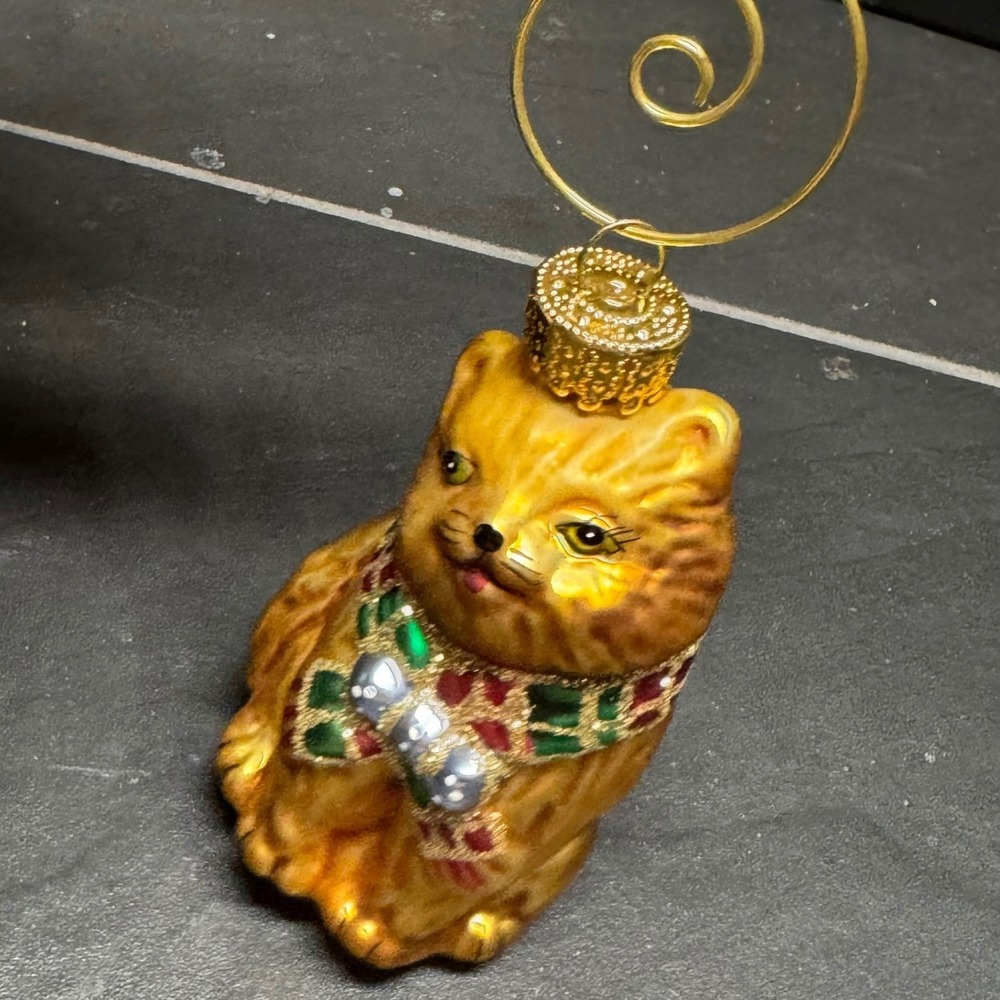 Vintage Blown Glass Cat Christmas Ornament Gold Tabby with Glitter Scarf‎ 3 Inch